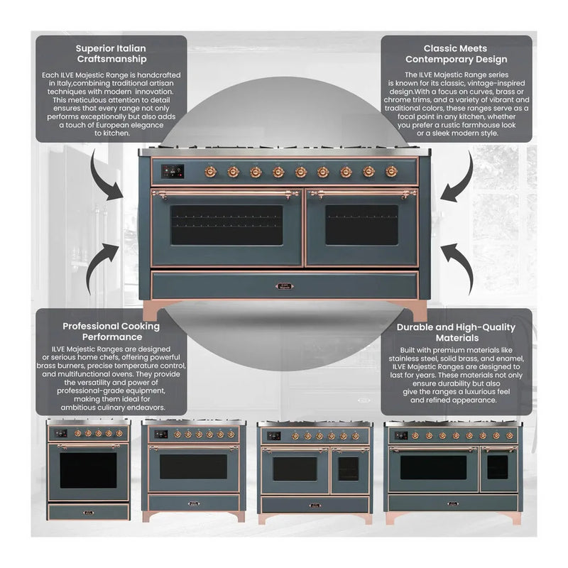 ILVE Majestic II 48" Dual Fuel Freestanding Range in RAL Color with Chrome Trim, UM12FDNS3RACLP