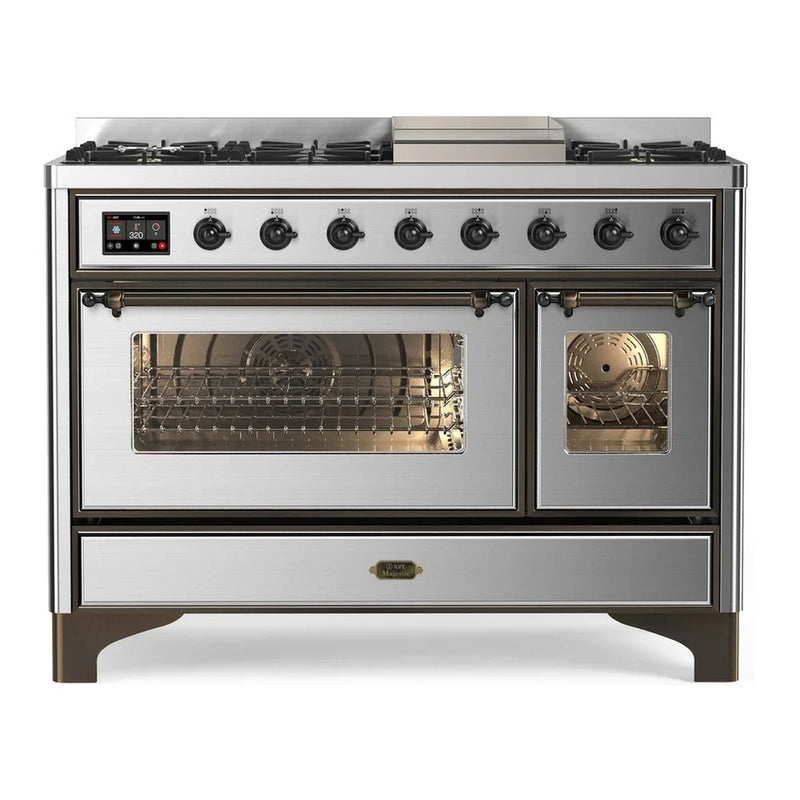 ILVE Majestic II 48" Dual Fuel Freestanding Range in Stainless Steel with Burnished Trim, UM12FDNS3SSBLP