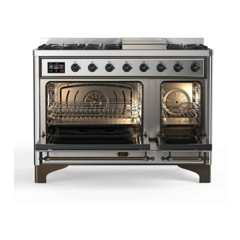 ILVE Majestic II 48" Dual Fuel Freestanding Range in Stainless Steel with Burnished Trim, UM12FDNS3SSBLP