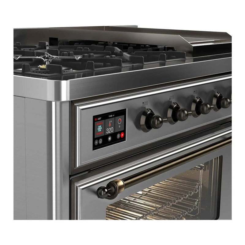 ILVE Majestic II 48" Dual Fuel Freestanding Range in Stainless Steel with Burnished Trim, UM12FDNS3SSBLP