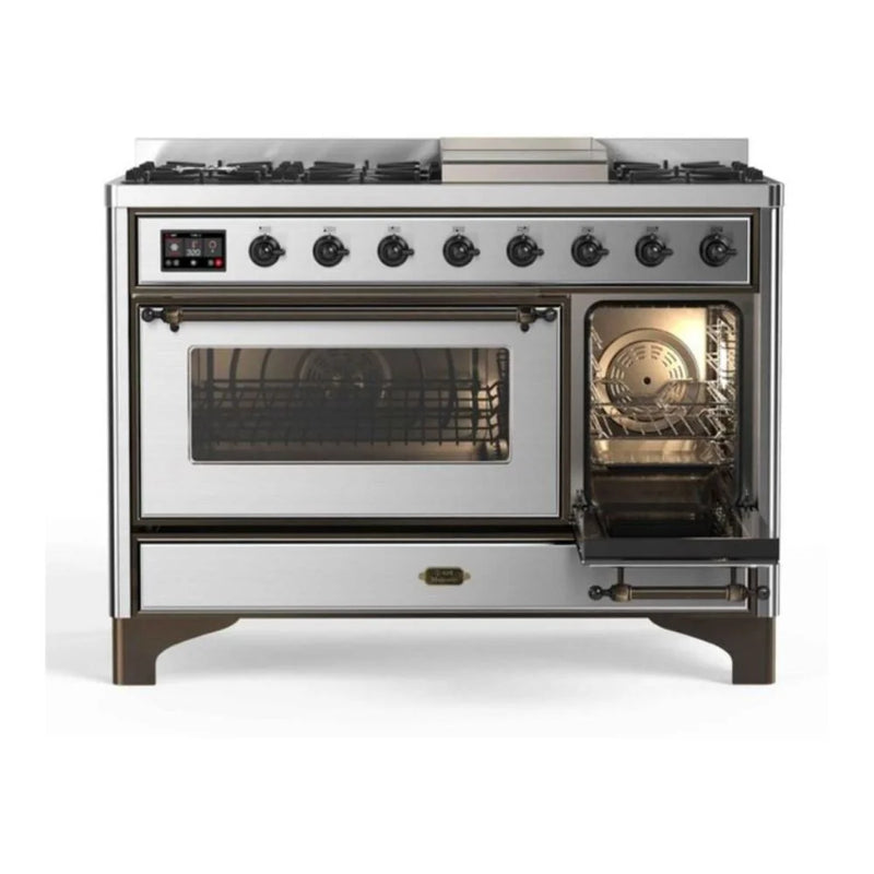 ILVE Majestic II 48" Dual Fuel Freestanding Range in Stainless Steel with Burnished Trim, UM12FDNS3SSB