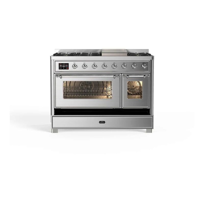 ILVE Majestic II 48" Dual Fuel Freestanding Range in Stainless Steel with Chrome Trim, UM12FDNS3SSCLP