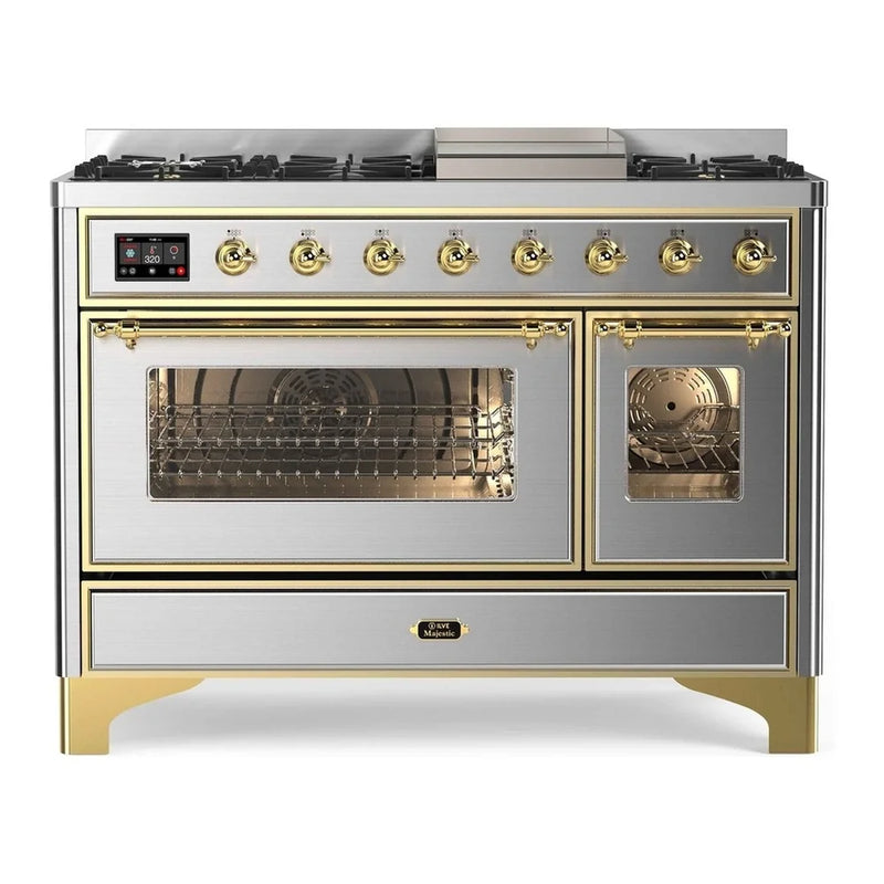 ILVE Majestic II 48" Dual Fuel Freestanding Range in Stainless Steel with Brass Trim, UM12FDNS3SSGLP
