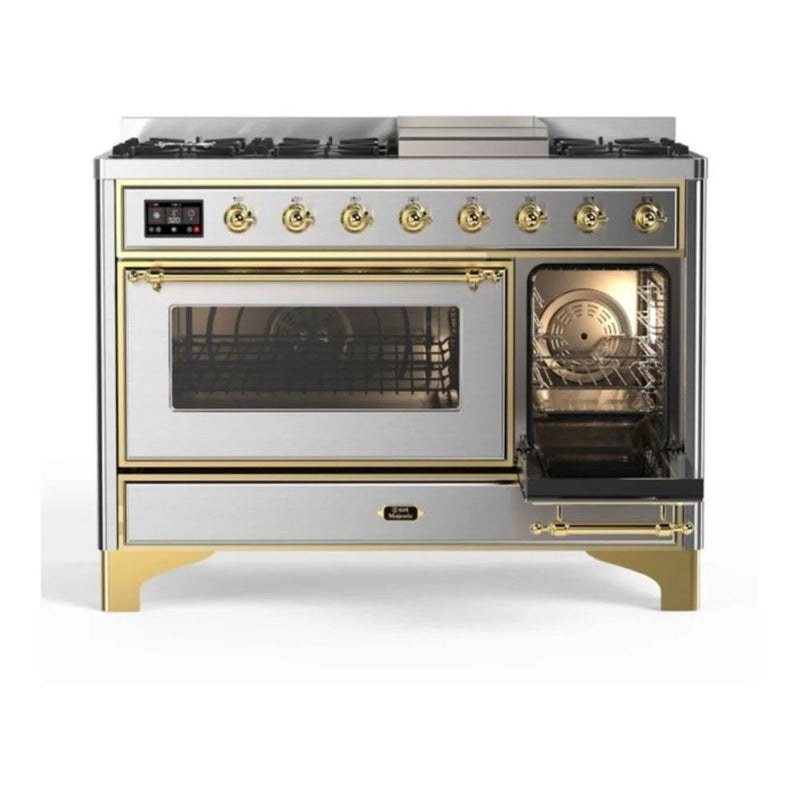 ILVE Majestic II 48" Dual Fuel Freestanding Range in Stainless Steel with Brass Trim, UM12FDNS3SSGLP