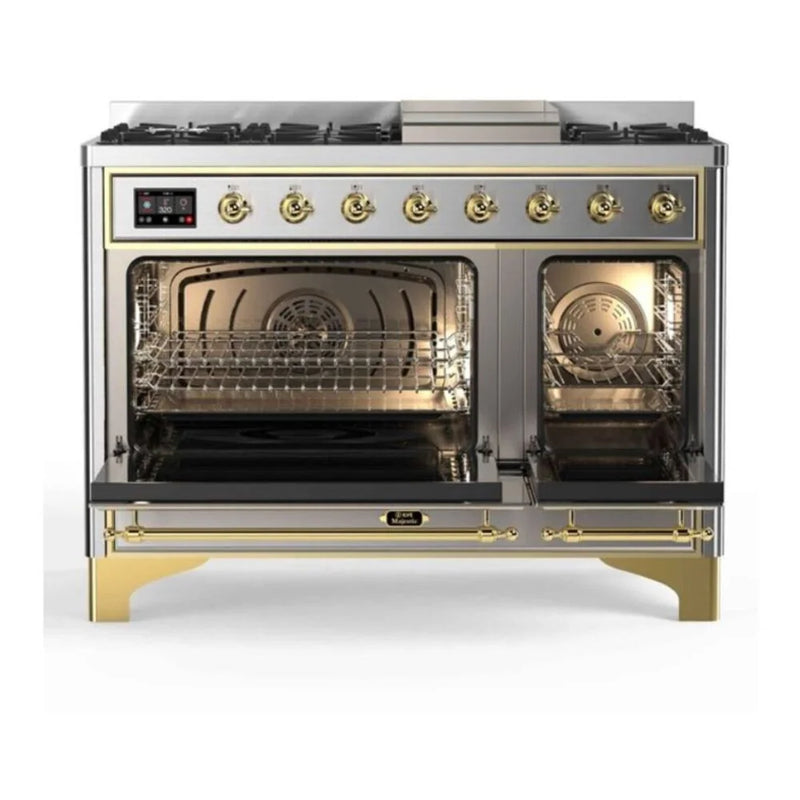 ILVE Majestic II 48" Dual Fuel Freestanding Range in Stainless Steel with Brass Trim, UM12FDNS3SSG
