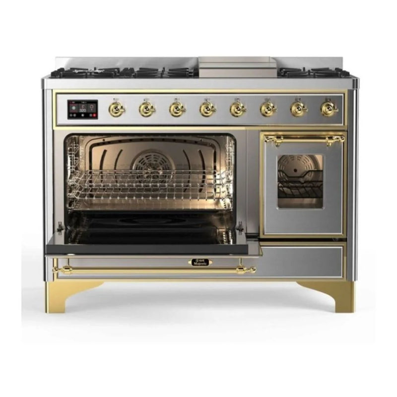 ILVE Majestic II 48" Dual Fuel Freestanding Range in Stainless Steel with Brass Trim, UM12FDNS3SSG