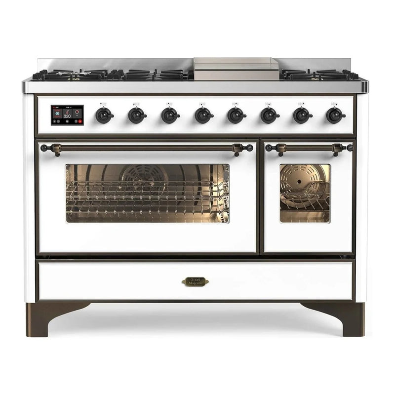 ILVE Majestic II 48" Dual Fuel Freestanding Range in White with Burnished Trim, UM12FDNS3WHBLP
