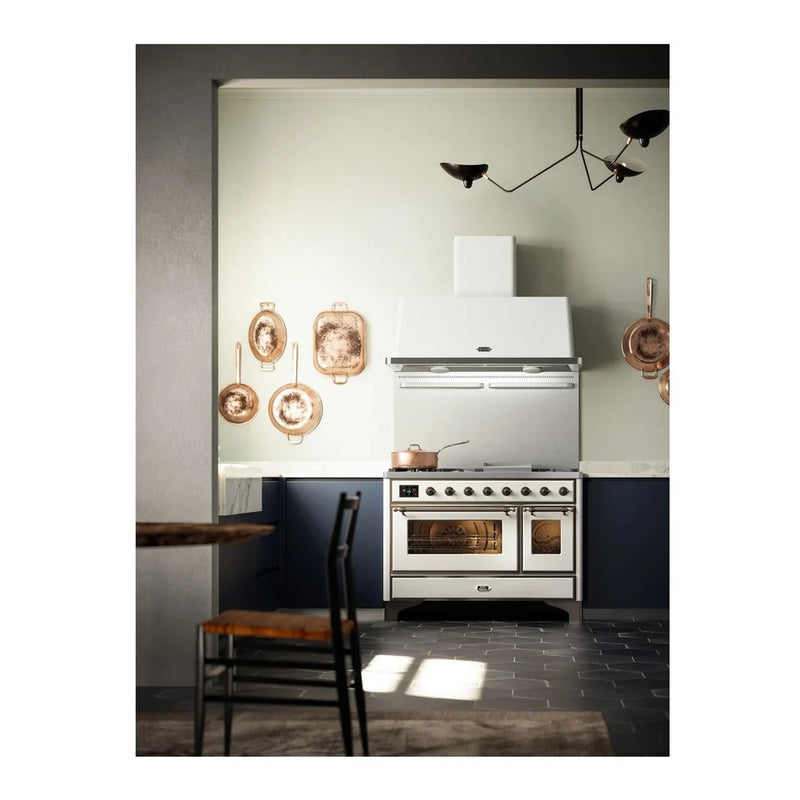 ILVE Majestic II 48" Dual Fuel Freestanding Range in White with Burnished Trim, UM12FDNS3WHBLP