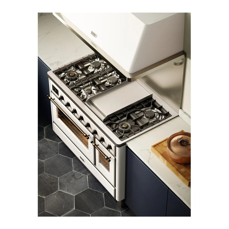 ILVE Majestic II 48" Dual Fuel Freestanding Range in White with Burnished Trim, UM12FDNS3WHBLP