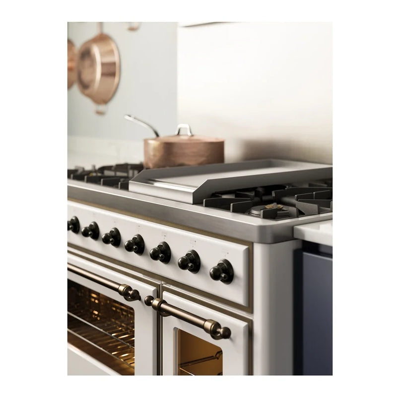 ILVE Majestic II 48" Dual Fuel Freestanding Range in White with Burnished Trim, UM12FDNS3WHBLP