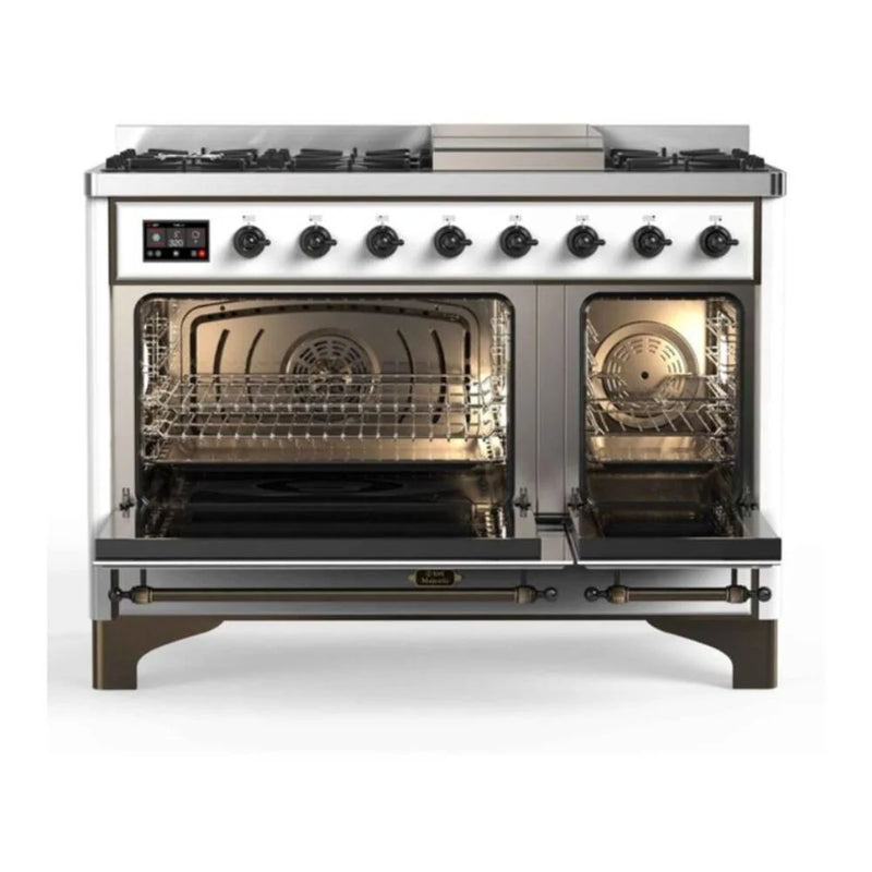 ILVE Majestic II 48" Dual Fuel Freestanding Range in White with Burnished Trim, UM12FDNS3WHBLP