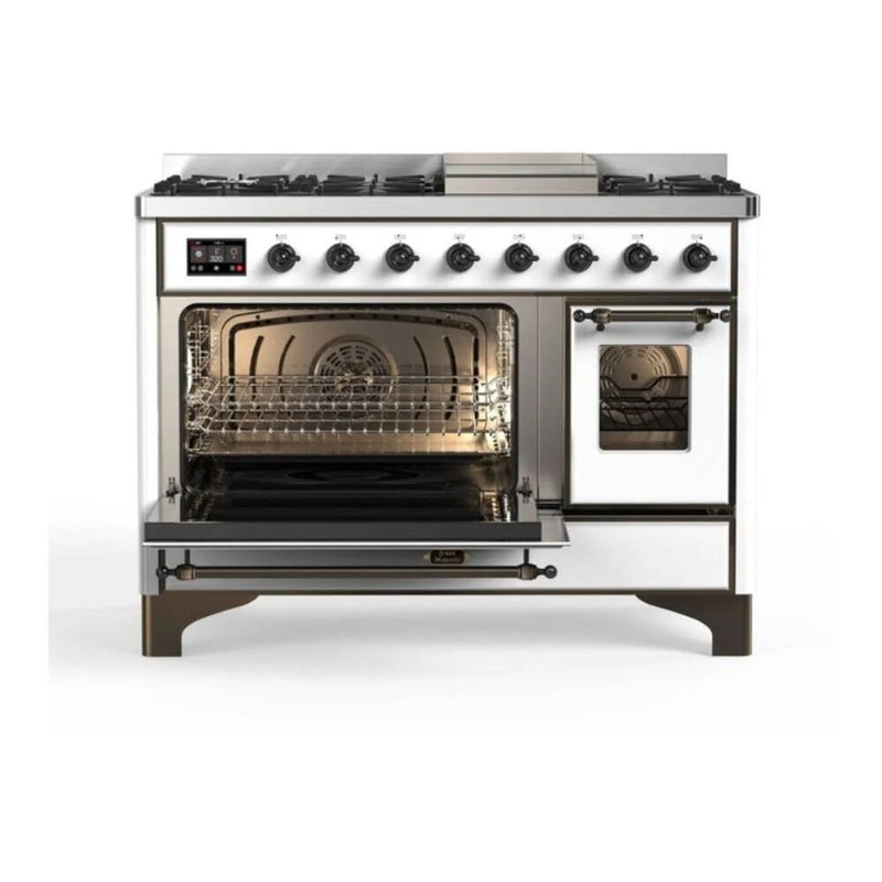 ILVE Majestic II 48" Dual Fuel Freestanding Range in White with Burnished Trim, UM12FDNS3WHBLP