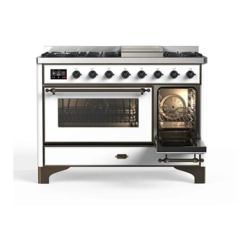 ILVE Majestic II 48" Dual Fuel Freestanding Range in White with Burnished Trim, UM12FDNS3WHBLP