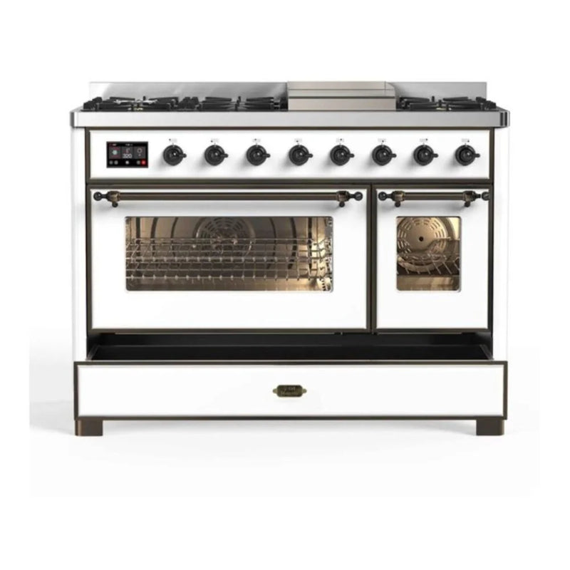 ILVE Majestic II 48" Dual Fuel Freestanding Range in White with Burnished Trim, UM12FDNS3WHBLP