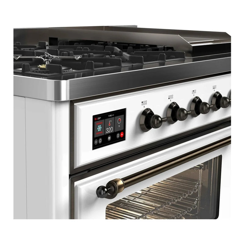 ILVE Majestic II 48" Dual Fuel Freestanding Range in White with Burnished Trim, UM12FDNS3WHBLP