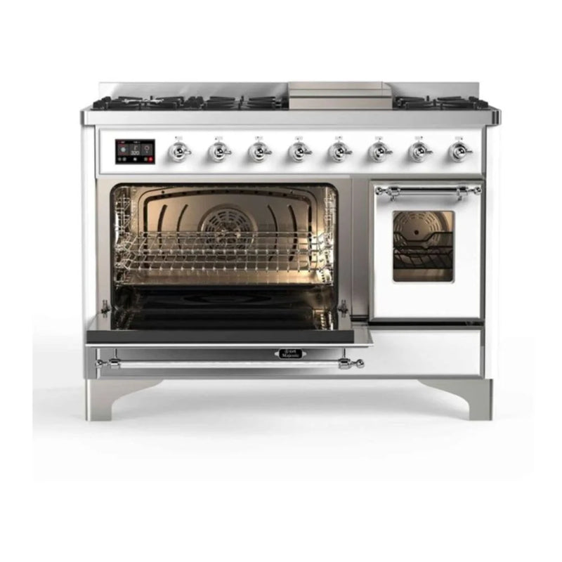 ILVE Majestic II 48" Dual Fuel Freestanding Range in White with Chrome Trim, UM12FDNS3WHCLP