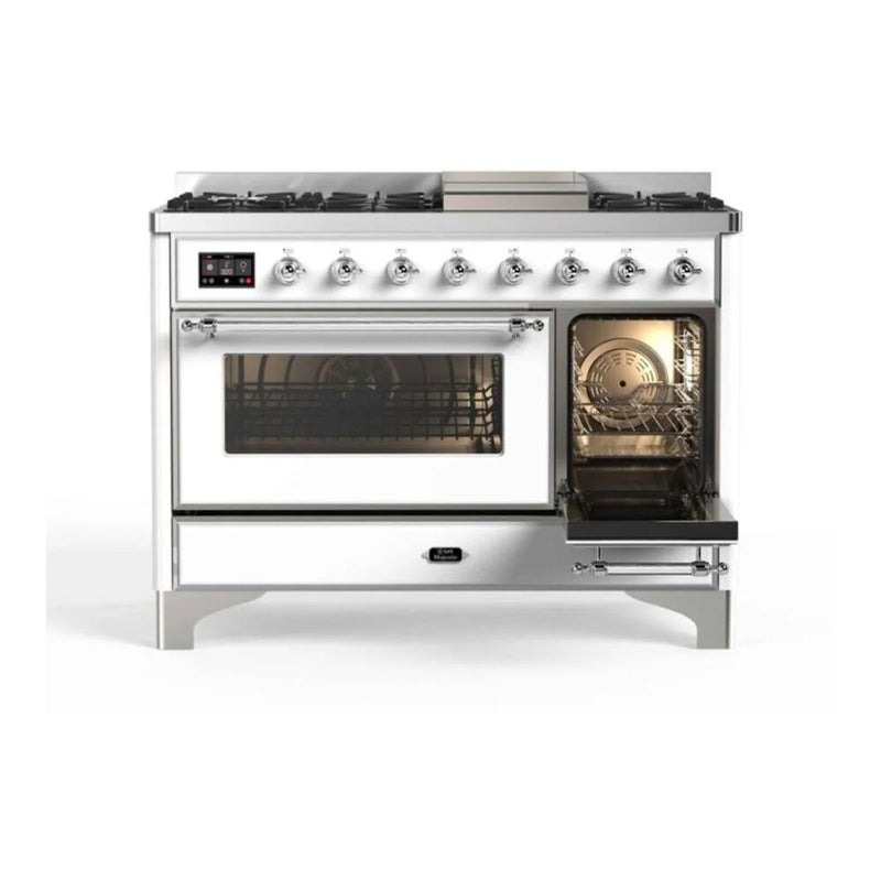 ILVE Majestic II 48" Dual Fuel Freestanding Range in White with Chrome Trim, UM12FDNS3WHCLP