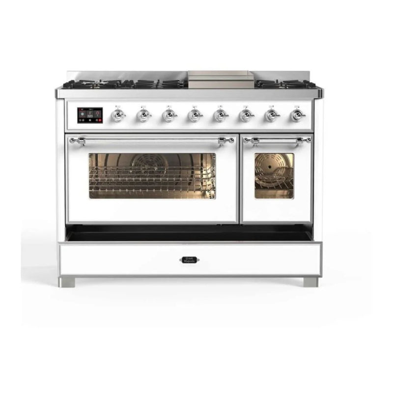 ILVE Majestic II 48" Dual Fuel Freestanding Range in White with Chrome Trim, UM12FDNS3WHCLP