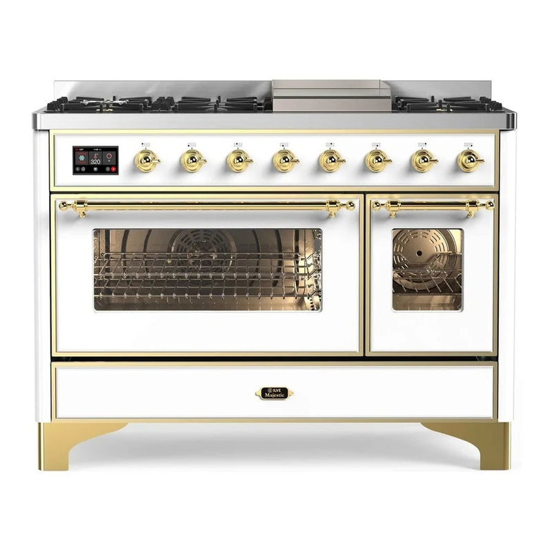 ILVE Majestic II 48" Dual Fuel Freestanding Range in White with Brass Trim, UM12FDNS3WHG