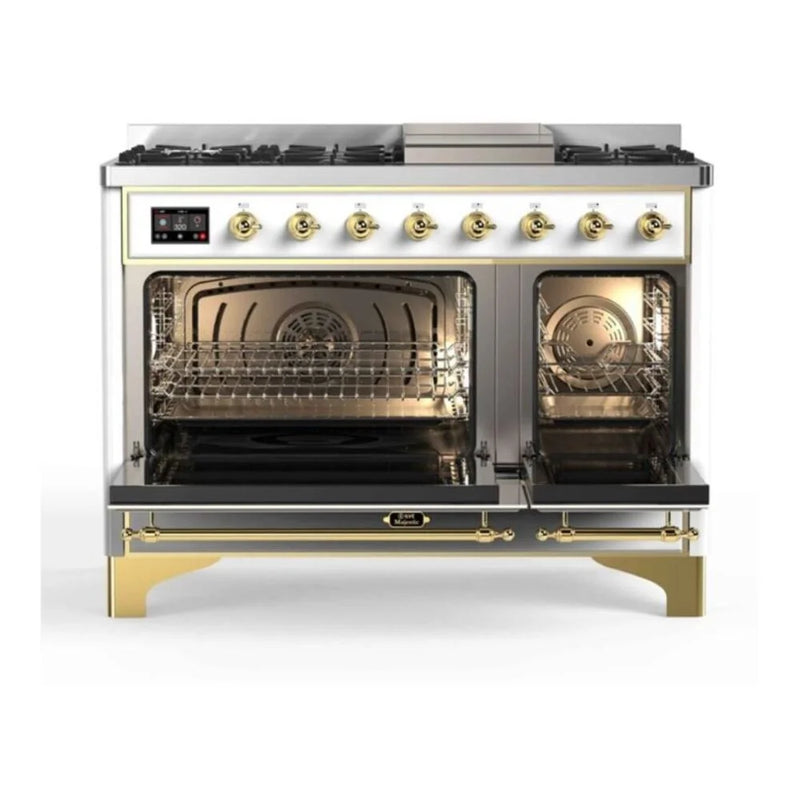 ILVE Majestic II 48" Dual Fuel Freestanding Range in White with Brass Trim, UM12FDNS3WHG