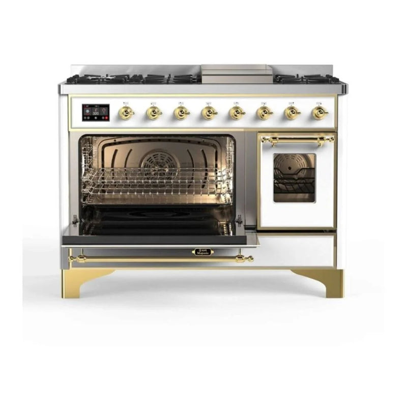 ILVE Majestic II 48" Dual Fuel Freestanding Range in White with Brass Trim, UM12FDNS3WHG