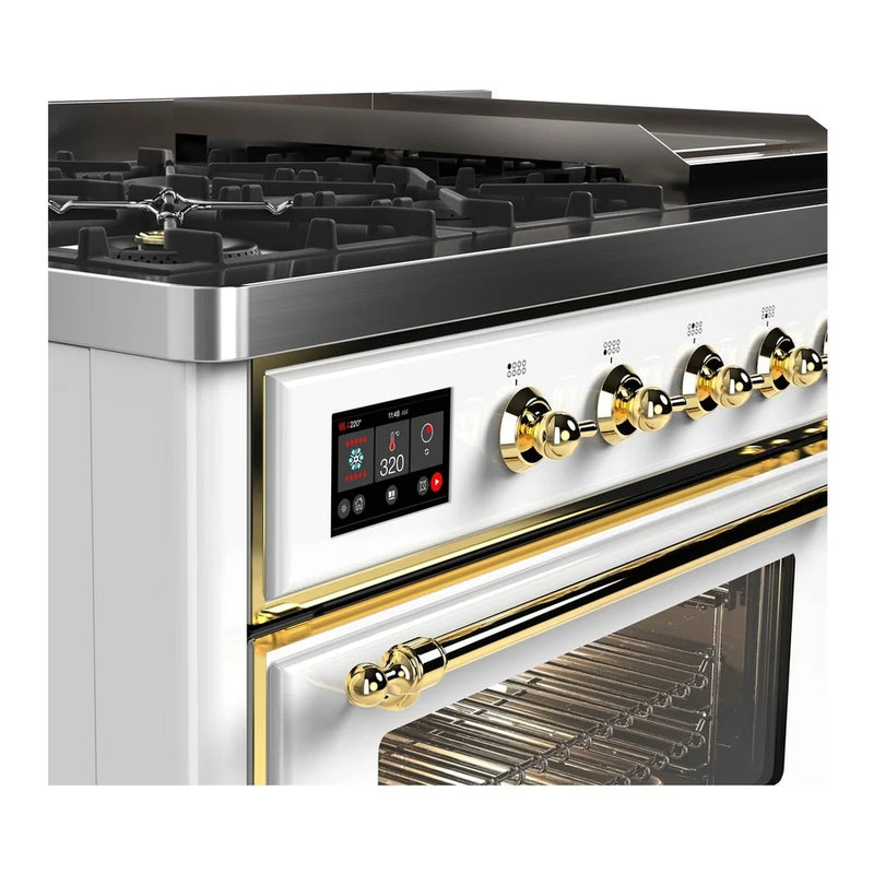 ILVE Majestic II 48" Dual Fuel Freestanding Range in White with Brass Trim, UM12FDNS3WHG