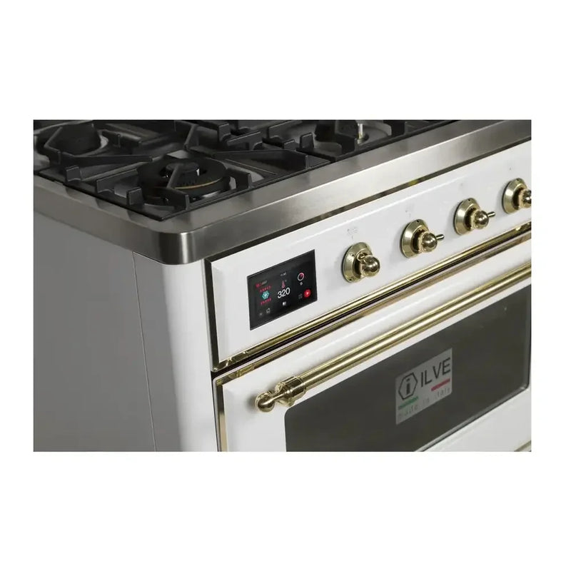 ILVE Majestic II 48" Dual Fuel Freestanding Range in White with Brass Trim, UM12FDNS3WHG