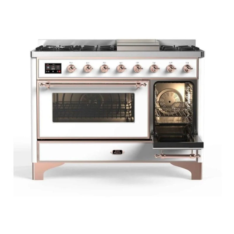 ILVE Majestic II 48" Dual Fuel Freestanding Range in White with Copper Trim, UM12FDNS3WHP