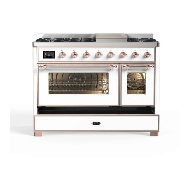 ILVE Majestic II 48" Dual Fuel Freestanding Range in White with Copper Trim, UM12FDNS3WHP