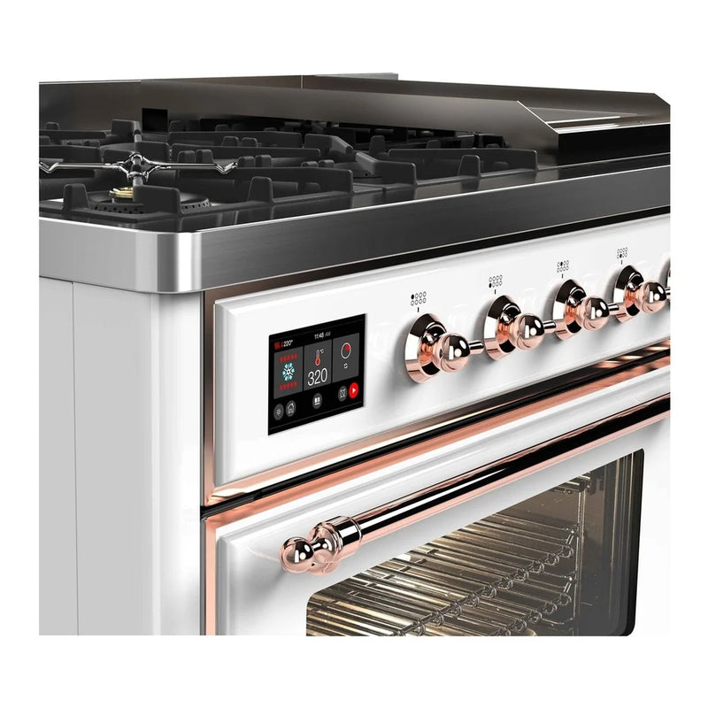 ILVE Majestic II 48" Dual Fuel Freestanding Range in White with Copper Trim, UM12FDNS3WHP