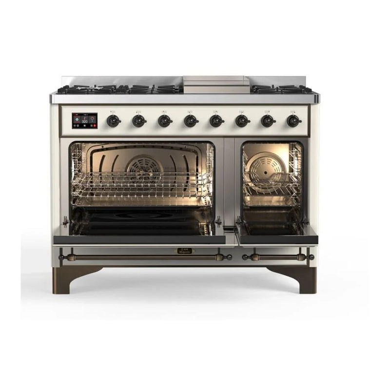ILVE Majestic II 48" Dual Fuel Freestanding Range in Antique White with Burnished Trim, UM12FDQNS3AWBLP