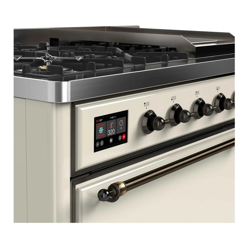 ILVE Majestic II 48" Dual Fuel Freestanding Range in Antique White with Burnished Trim, UM12FDQNS3AWBLP