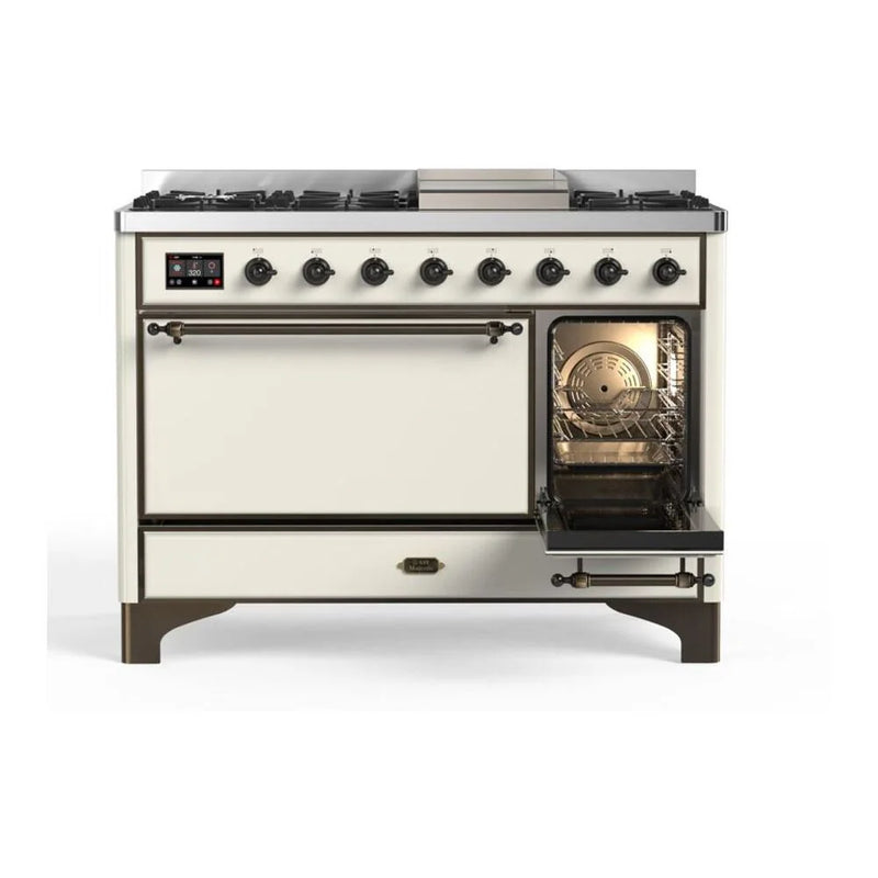 ILVE Majestic II 48" Dual Fuel Freestanding Range in Antique White with Burnished Trim, UM12FDQNS3AWB