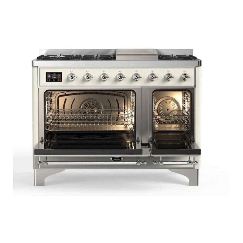 ILVE Majestic II 48" Dual Fuel Freestanding Range in Antique White with Chrome Trim, UM12FDQNS3AWCLP