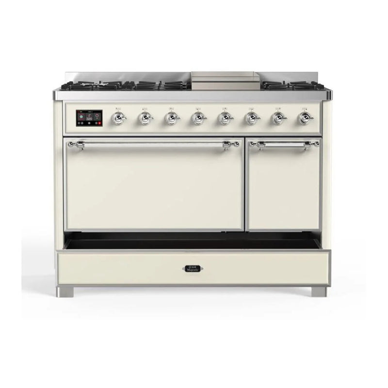 ILVE Majestic II 48" Dual Fuel Freestanding Range in Antique White with Chrome Trim, UM12FDQNS3AWCLP