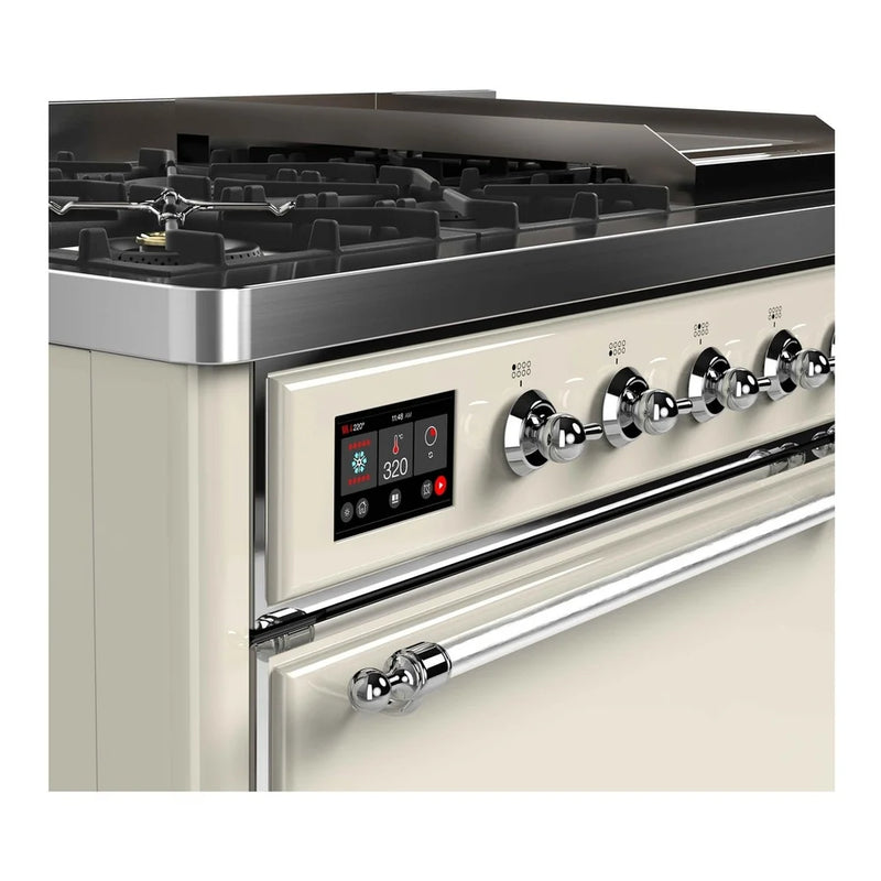 ILVE Majestic II 48" Dual Fuel Freestanding Range in Antique White with Chrome Trim, UM12FDQNS3AWCLP