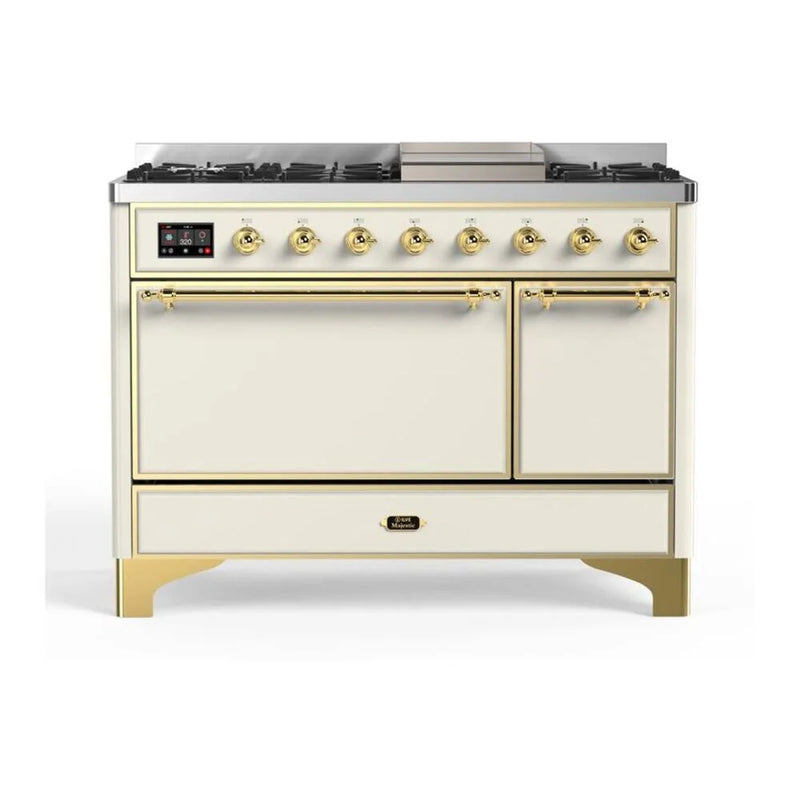 ILVE Majestic II 48" Dual Fuel Freestanding Range in Antique White with Brass Trim, UM12FDQNS3AWGLP