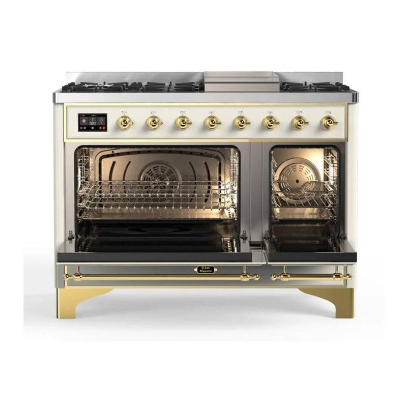 ILVE Majestic II 48" Dual Fuel Freestanding Range in Antique White with Brass Trim, UM12FDQNS3AWGLP