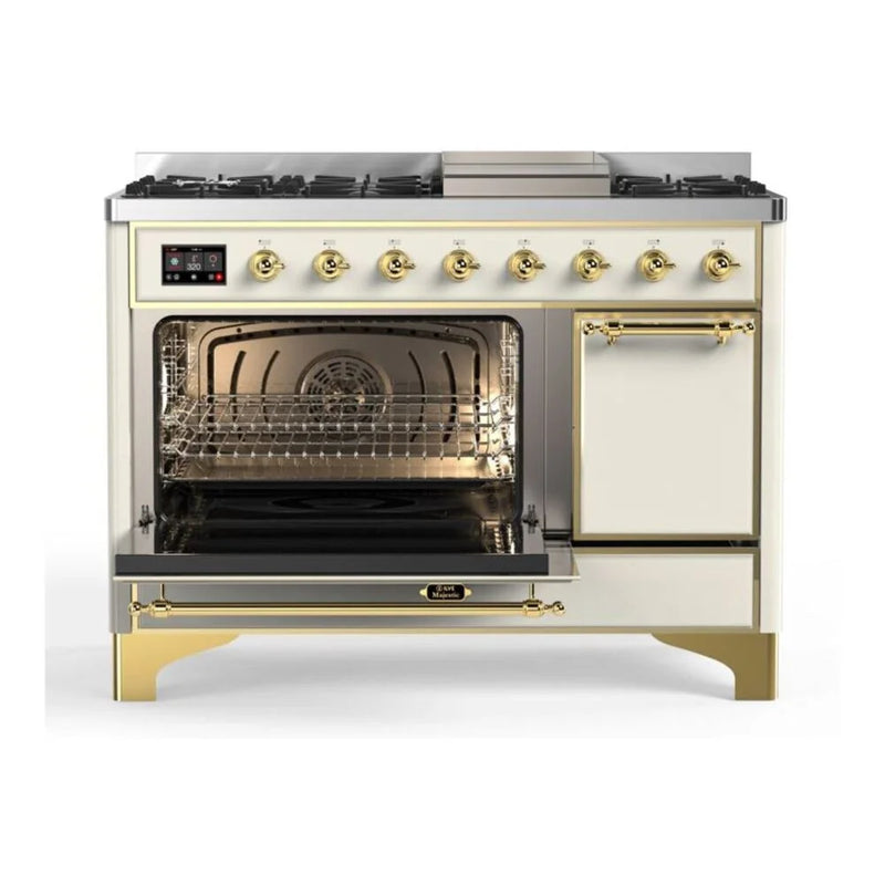 ILVE Majestic II 48" Dual Fuel Freestanding Range in Antique White with Brass Trim, UM12FDQNS3AWGLP