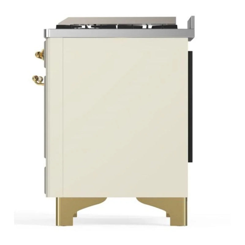 ILVE Majestic II 48" Dual Fuel Freestanding Range in Antique White with Brass Trim, UM12FDQNS3AWGLP