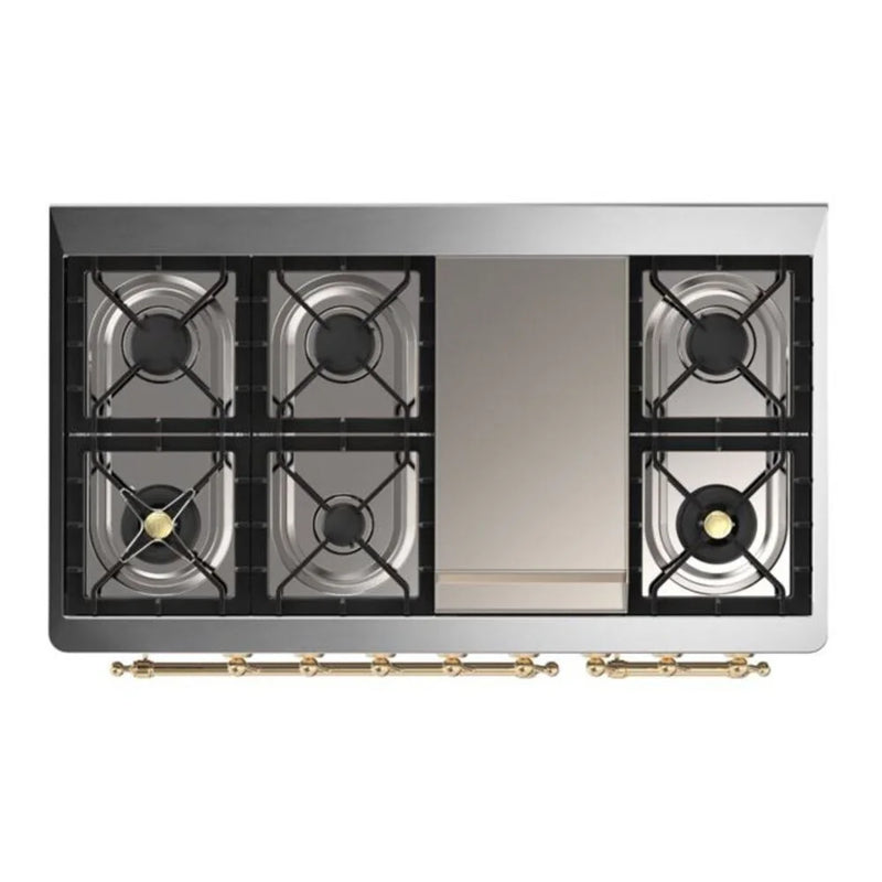 ILVE Majestic II 48" Dual Fuel Freestanding Range in Antique White with Brass Trim, UM12FDQNS3AWGLP