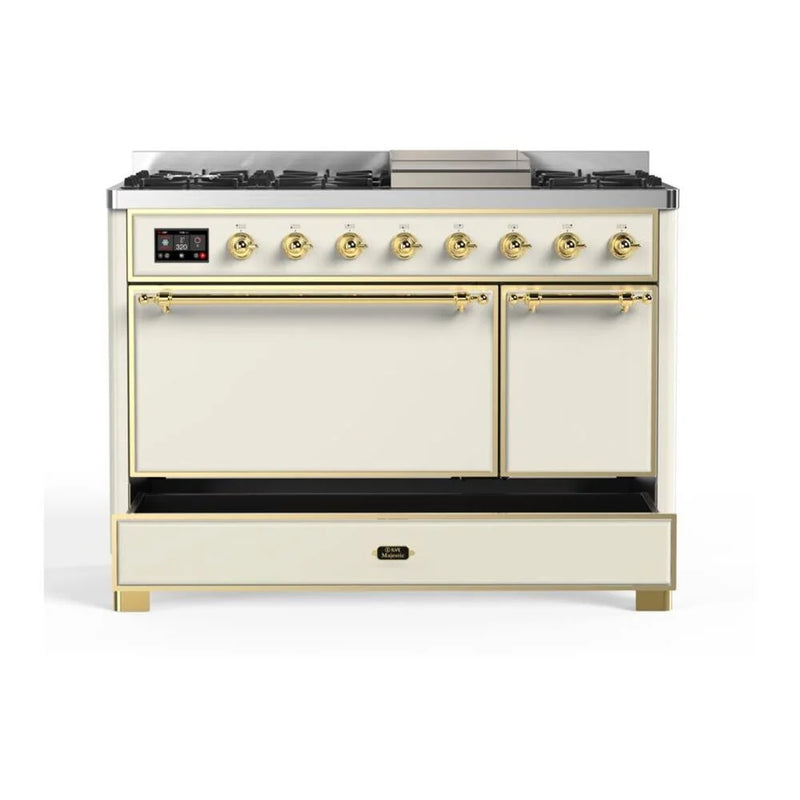 ILVE Majestic II 48" Dual Fuel Freestanding Range in Antique White with Brass Trim, UM12FDQNS3AWG
