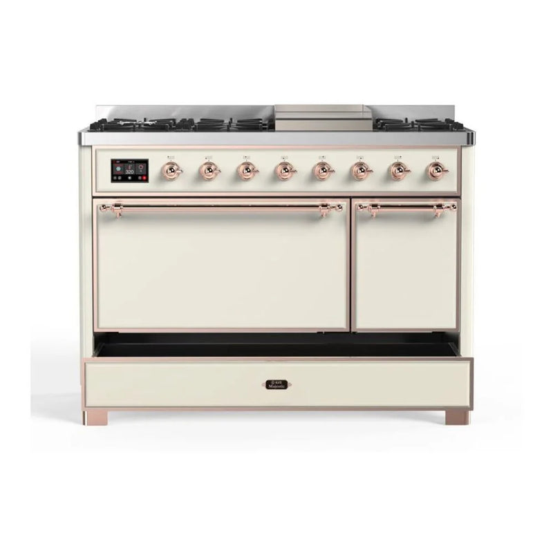 ILVE Majestic II 48" Dual Fuel Freestanding Range in Antique White with Copper Trim, UM12FDQNS3AWPLP