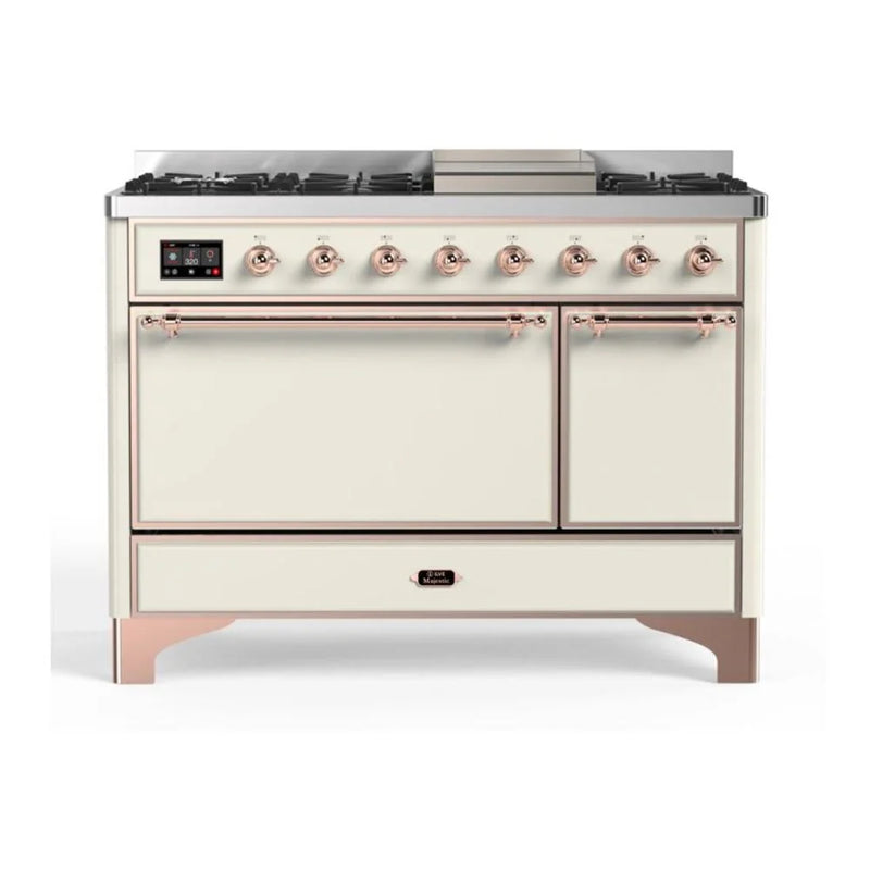 ILVE Majestic II 48" Dual Fuel Freestanding Range in Antique White with Copper Trim, UM12FDQNS3AWP