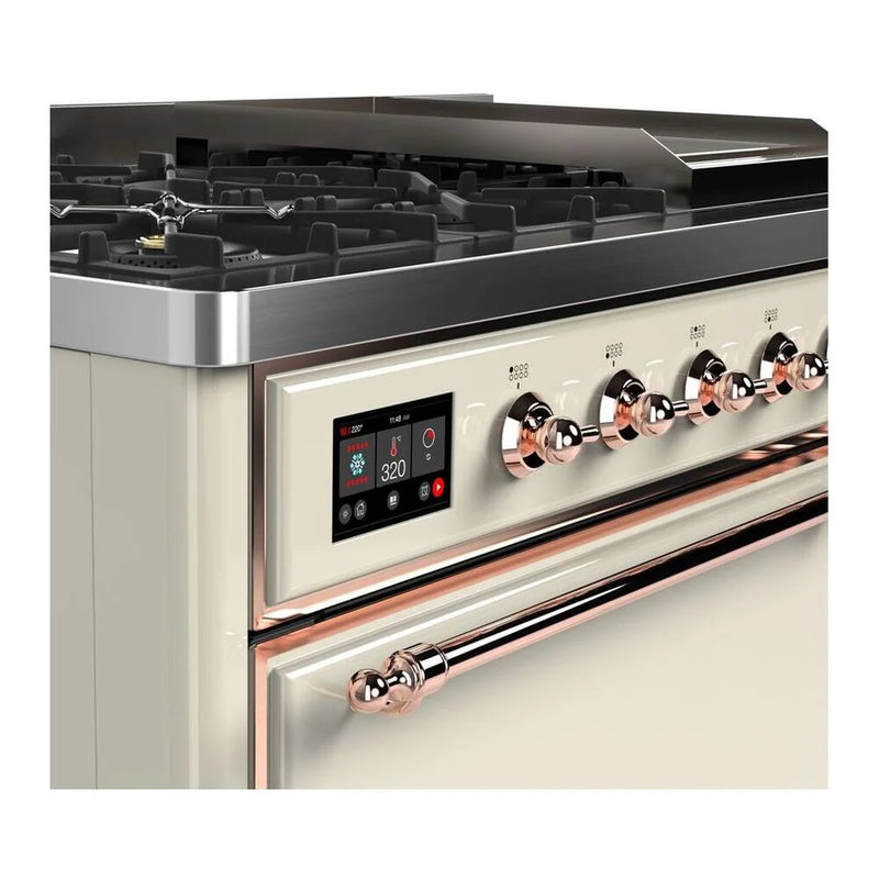ILVE Majestic II 48" Dual Fuel Freestanding Range in Antique White with Copper Trim, UM12FDQNS3AWP