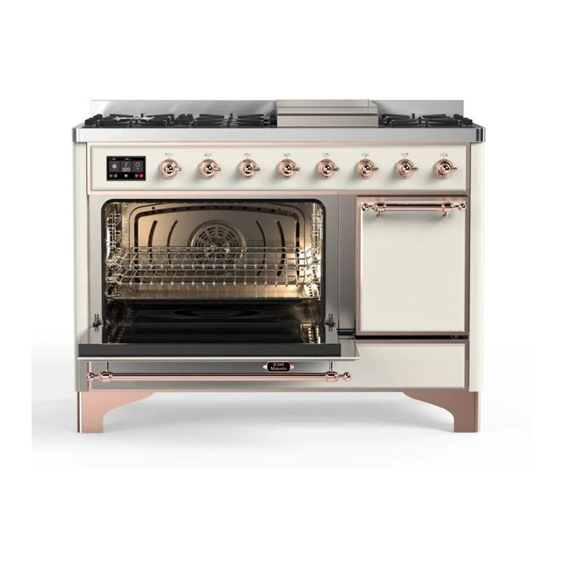 ILVE Majestic II 48" Dual Fuel Freestanding Range in Antique White with Copper Trim, UM12FDQNS3AWP