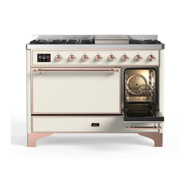 ILVE Majestic II 48" Dual Fuel Freestanding Range in Antique White with Copper Trim, UM12FDQNS3AWP