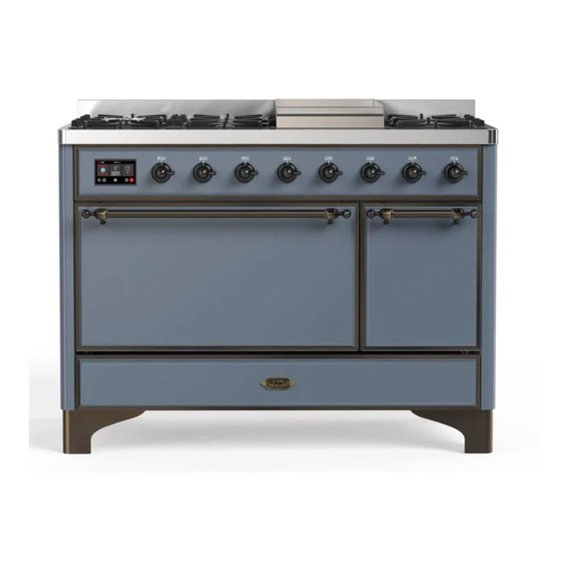 ILVE Majestic II 48" Dual Fuel Freestanding Range in Blue Grey with Burnished Trim, UM12FDQNS3BGBLP