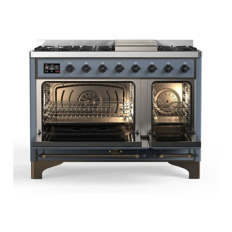 ILVE Majestic II 48" Dual Fuel Freestanding Range in Blue Grey with Burnished Trim, UM12FDQNS3BGBLP