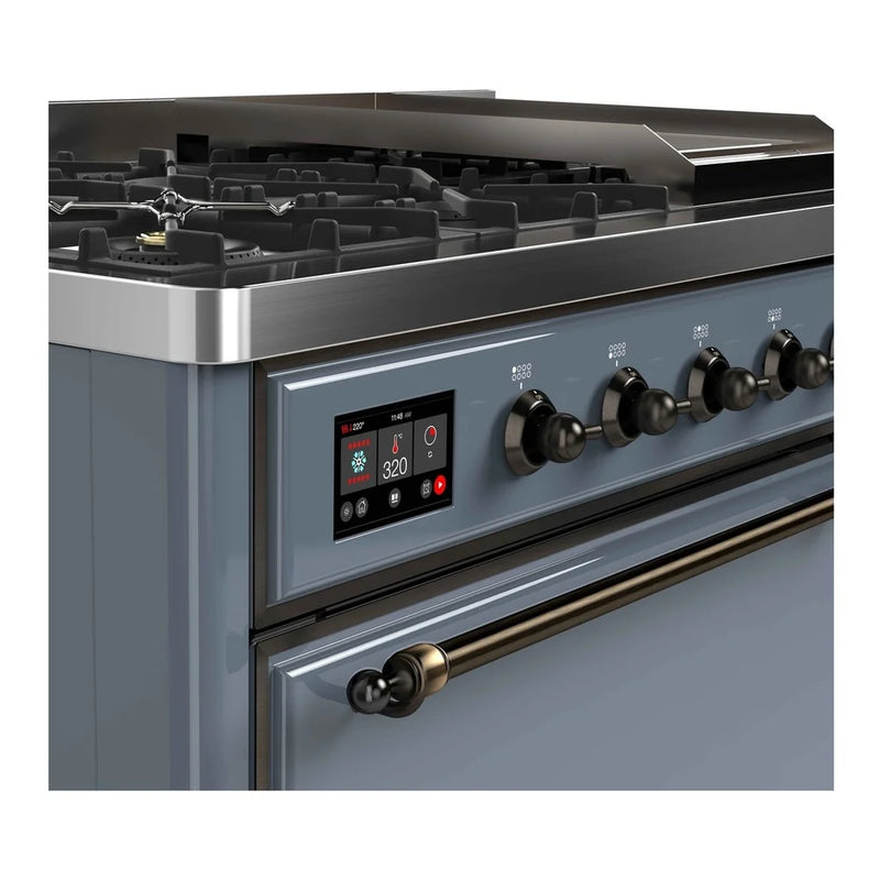 ILVE Majestic II 48" Dual Fuel Freestanding Range in Blue Grey with Burnished Trim, UM12FDQNS3BGBLP